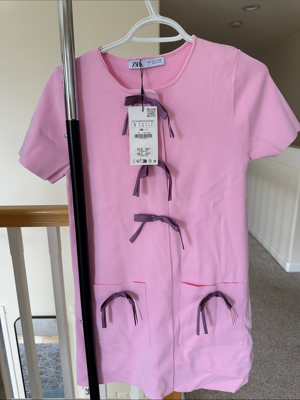 ZARA Pink Short-Sleeve Shift Dress with Ribbon Bows